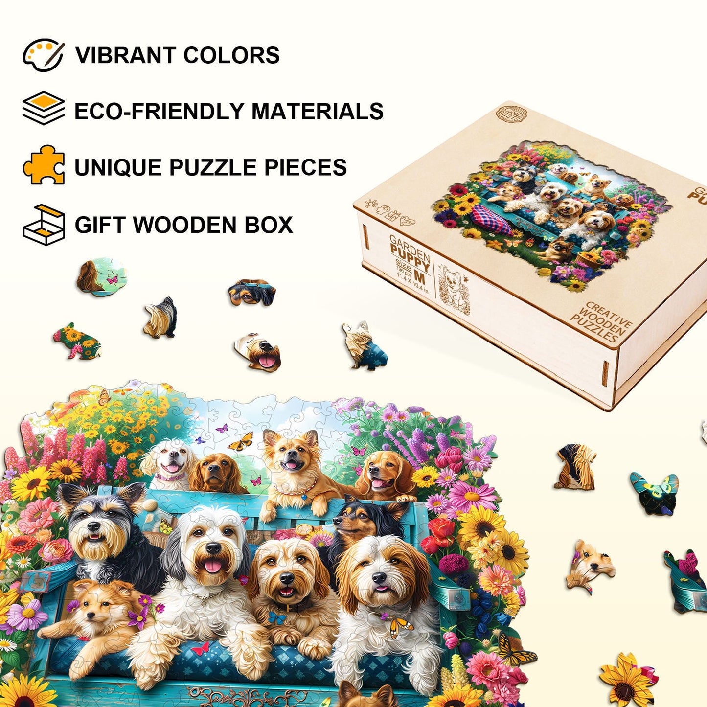 Whimsical Wooden Jigsaw Puzzle - Garden Puppy - pickApuzzle