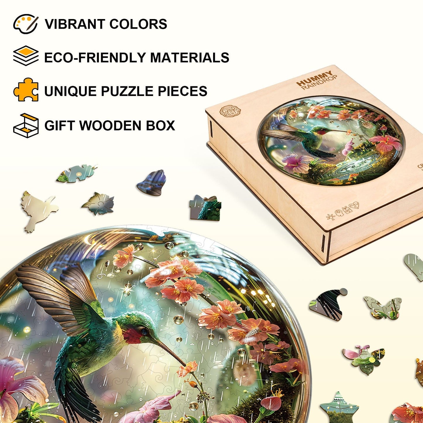 Whimsical Wooden Jigsaw Puzzle - Hummy Raindrop - pickApuzzle