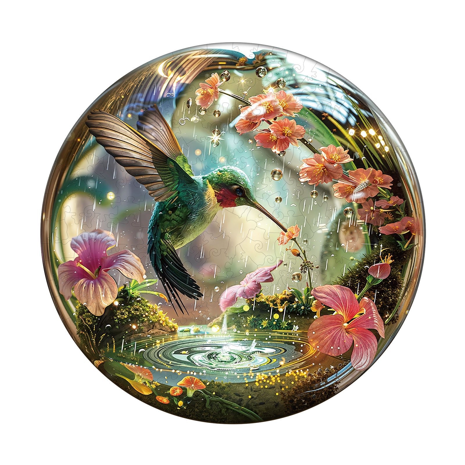 Whimsical Wooden Jigsaw Puzzle - Hummy Raindrop - pickApuzzle