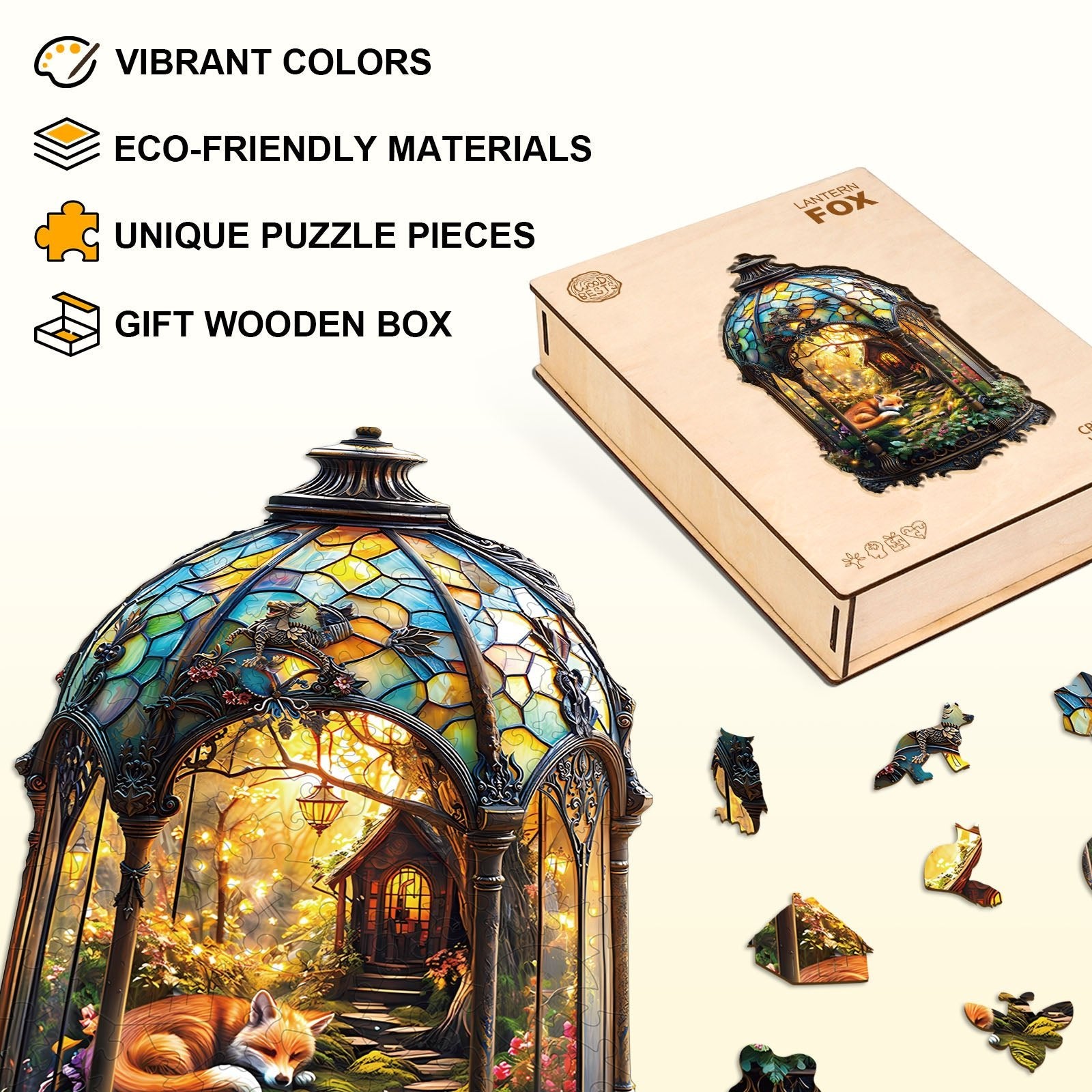 Whimsical Wooden Jigsaw Puzzle - Lantern Fox - pickApuzzle