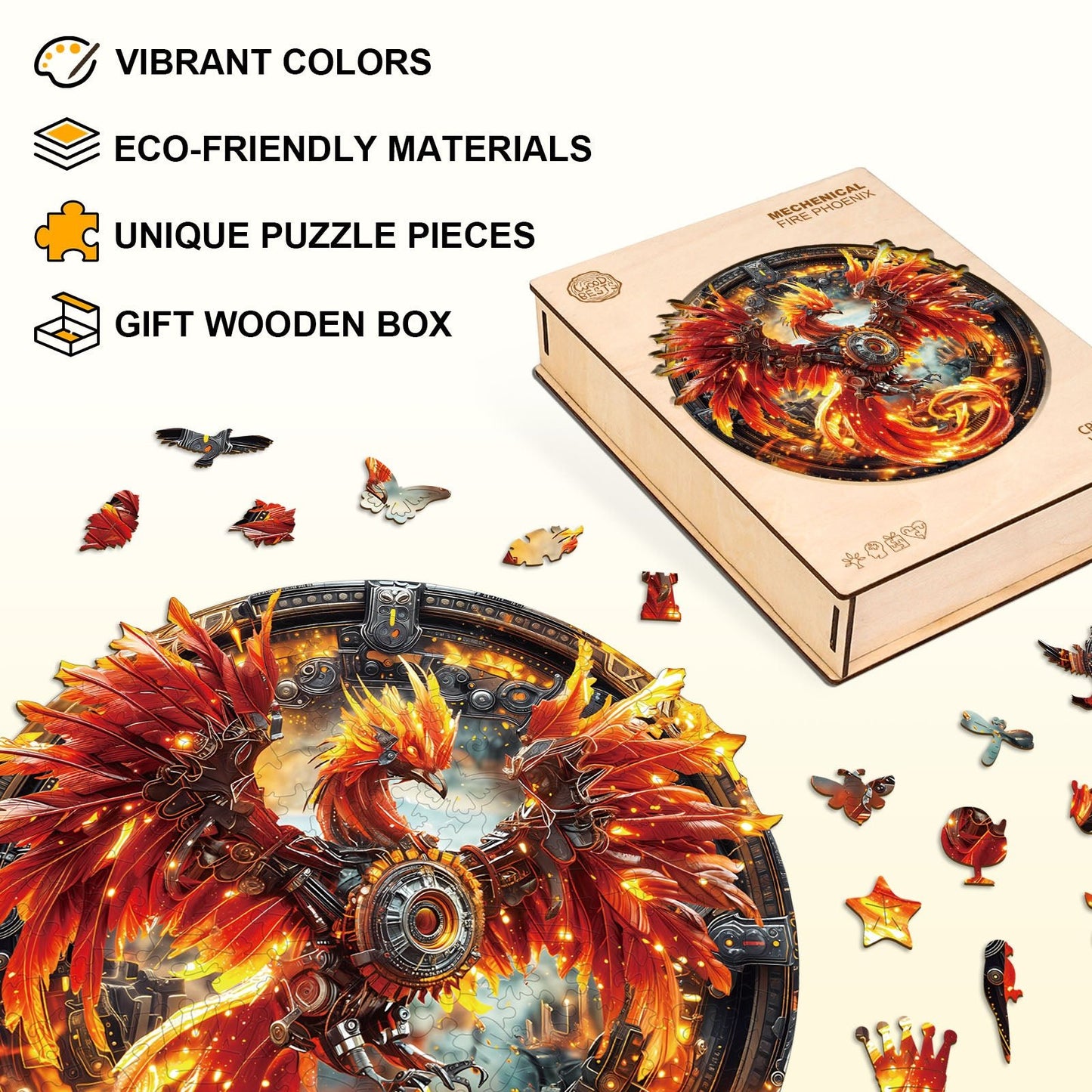 Whimsical Wooden Jigsaw Puzzle - Mechanical Fire Phoenix - pickApuzzle