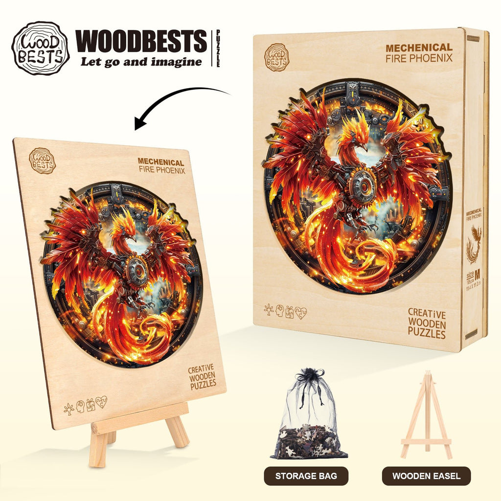 Whimsical Wooden Jigsaw Puzzle - Mechanical Fire Phoenix - pickApuzzle