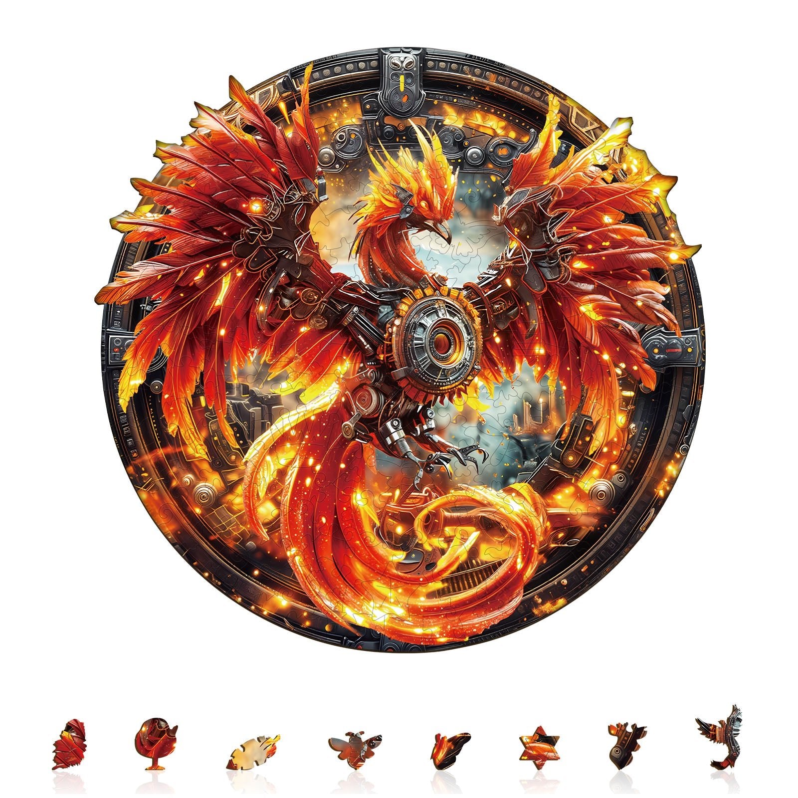 Whimsical Wooden Jigsaw Puzzle - Mechanical Fire Phoenix - pickApuzzle