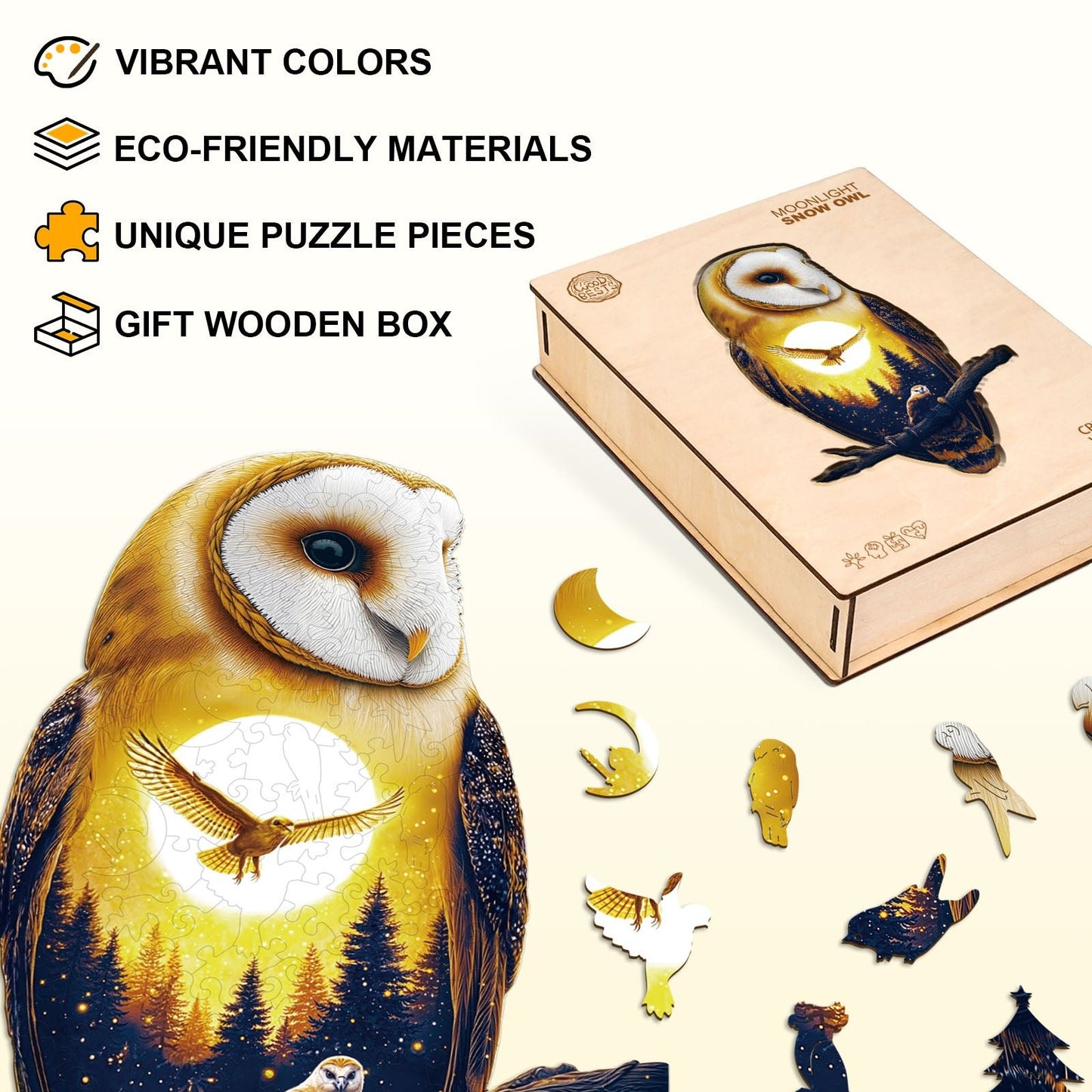 Whimsical Wooden Jigsaw Puzzle - Moonlight Snow Owl - pickApuzzle