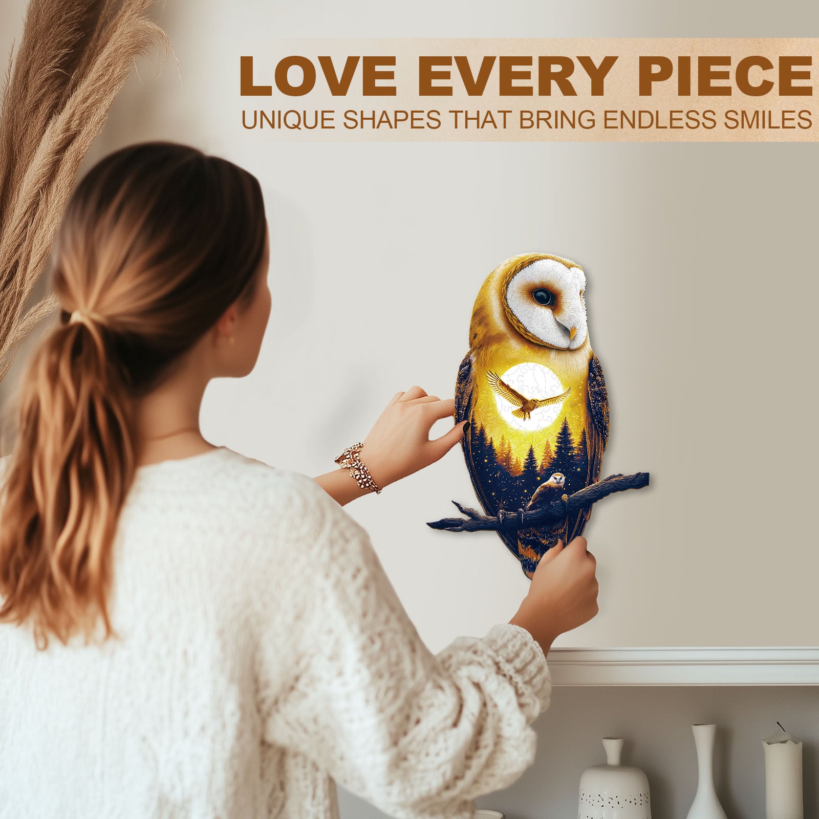 Whimsical Wooden Jigsaw Puzzle - Moonlight Snow Owl - pickApuzzle