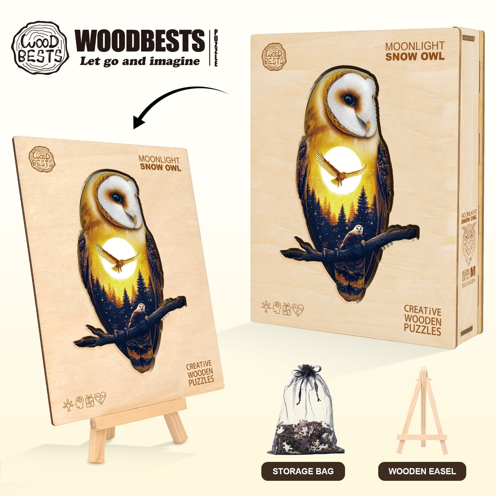 Whimsical Wooden Jigsaw Puzzle - Moonlight Snow Owl - pickApuzzle