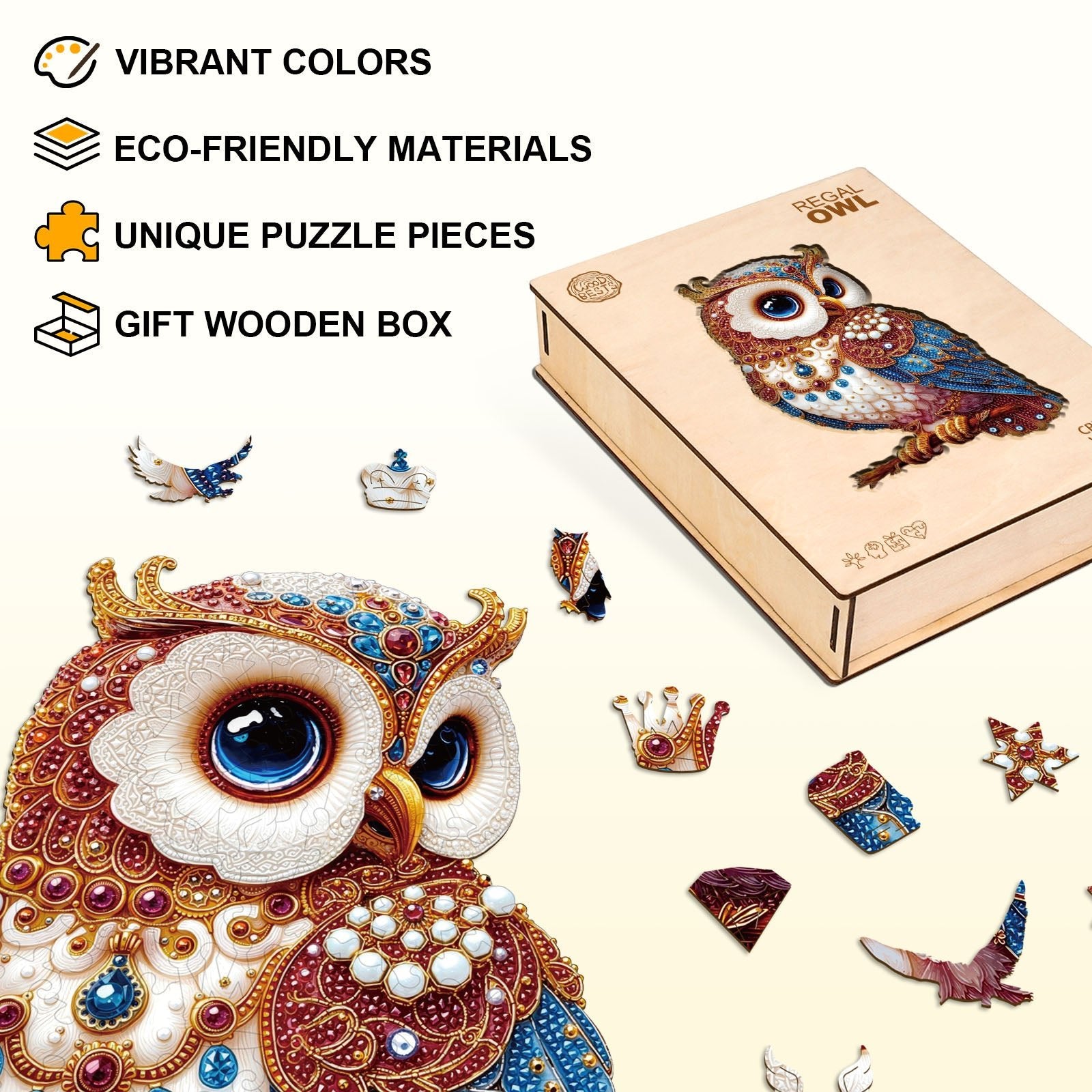 Whimsical Wooden Jigsaw Puzzle - Regal Owl - pickApuzzle