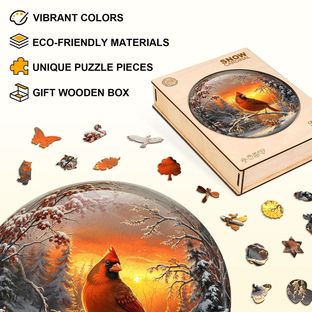 Whimsical Wooden Jigsaw Puzzle - Snow Cardinal - pickApuzzle