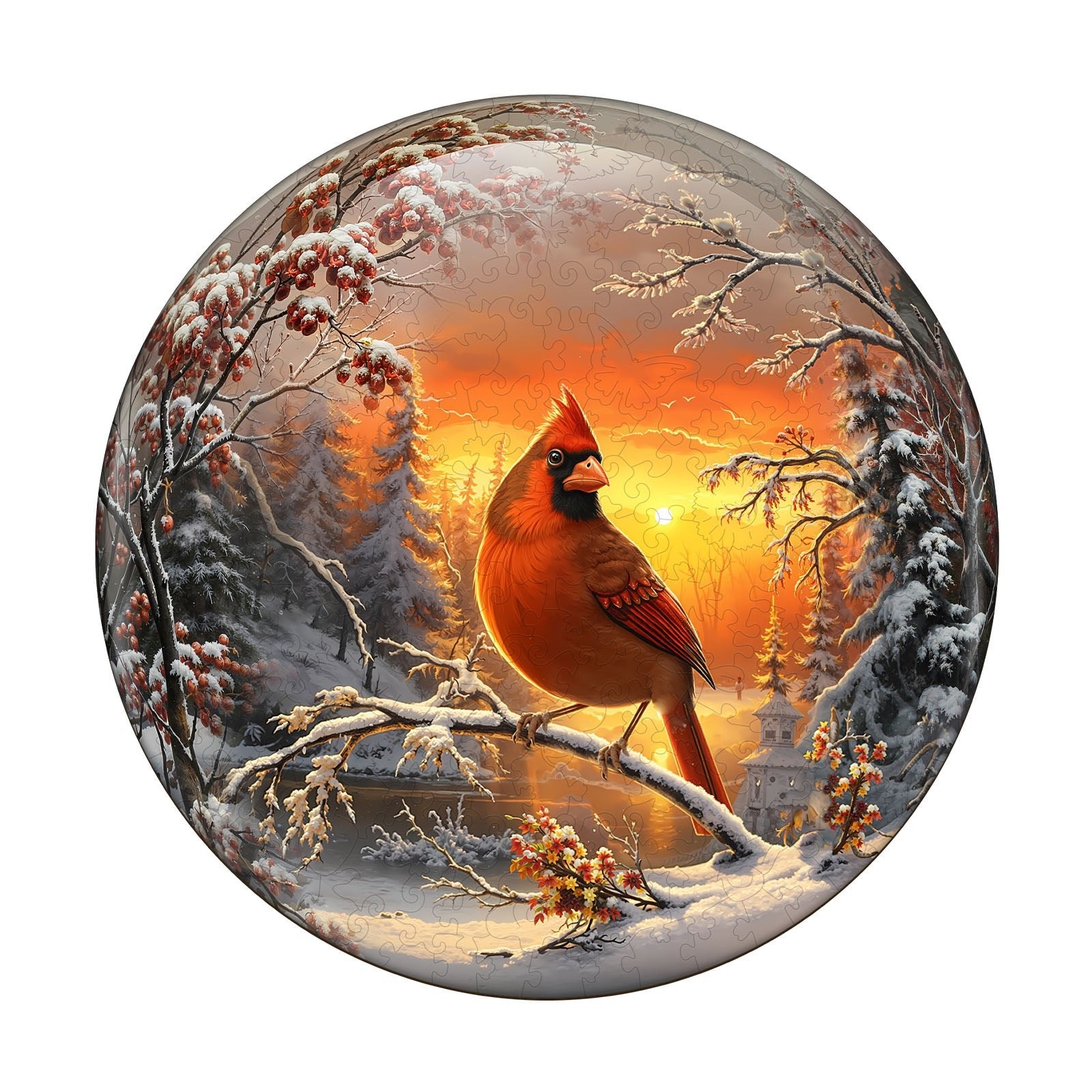 Whimsical Wooden Jigsaw Puzzle - Snow Cardinal - pickApuzzle Hauptbild