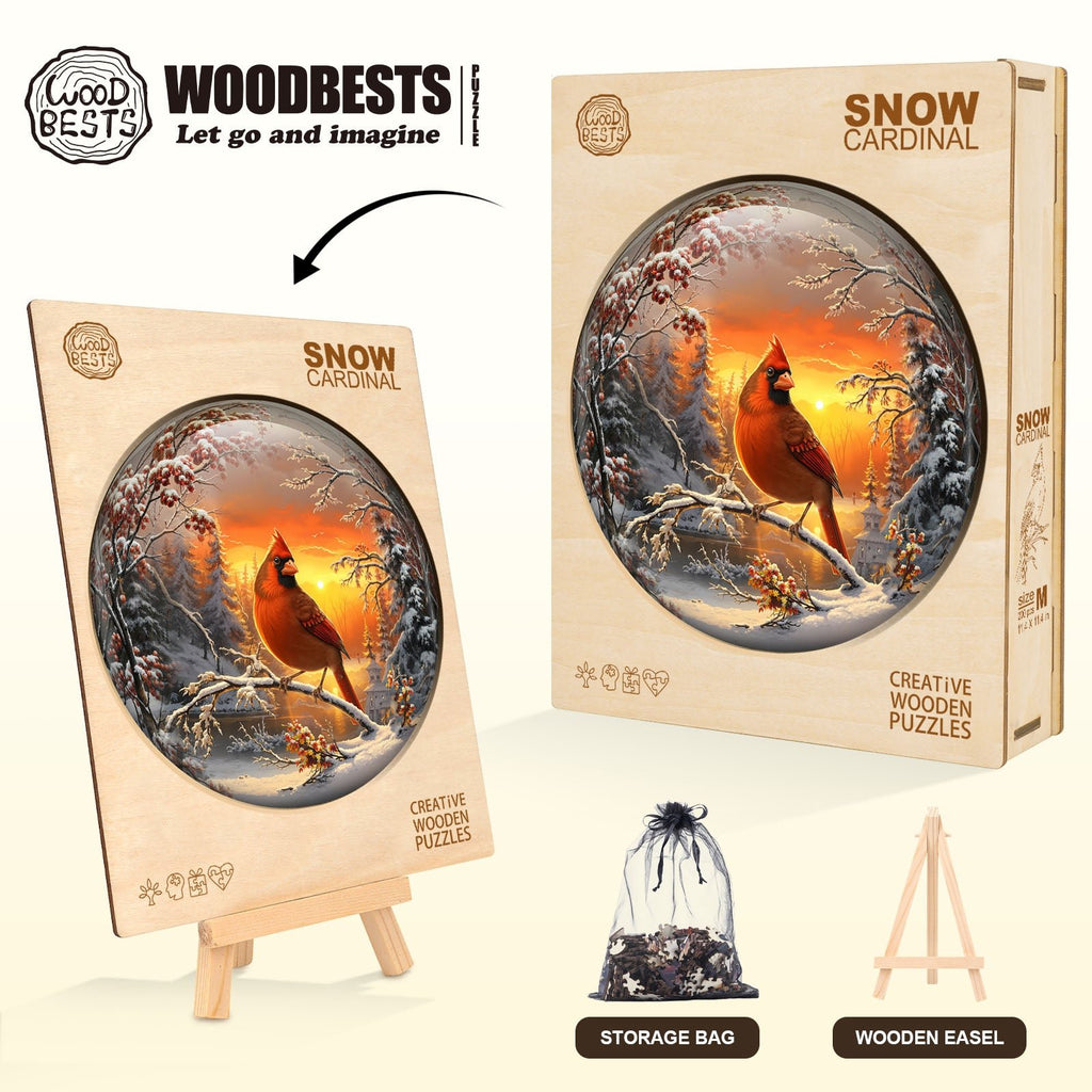 Whimsical Wooden Jigsaw Puzzle - Snow Cardinal - pickApuzzle