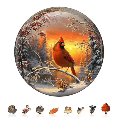 Whimsical Wooden Jigsaw Puzzle - Snow Cardinal - pickApuzzle