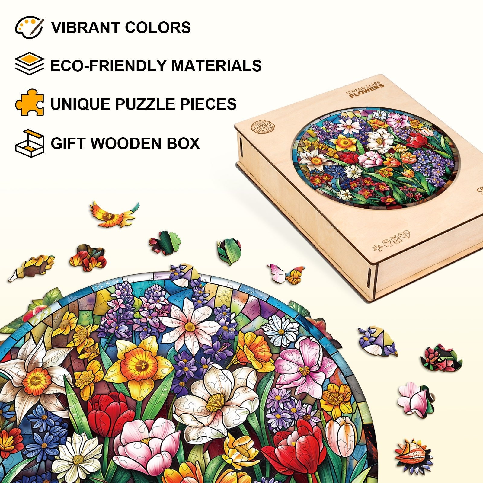 Whimsical Wooden Jigsaw Puzzle - Stained Glass Flowers - pickApuzzle