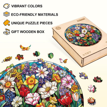 Whimsical Wooden Jigsaw Puzzle - Stained Glass Flowers - pickApuzzle