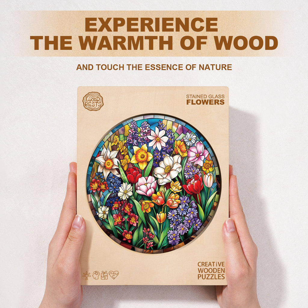 Whimsical Wooden Jigsaw Puzzle - Stained Glass Flowers - pickApuzzle
