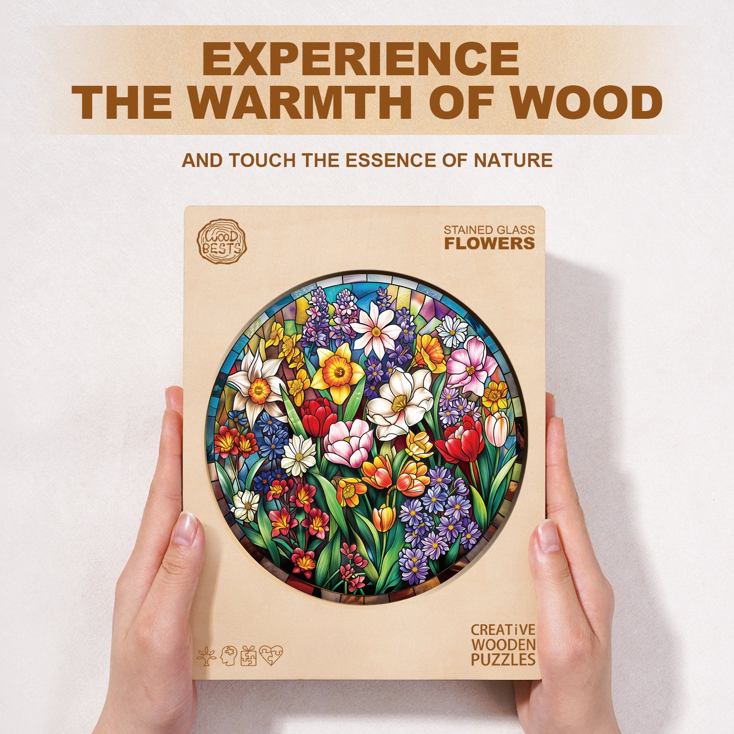 Whimsical Wooden Jigsaw Puzzle - Stained Glass Flowers - pickApuzzle