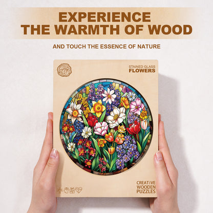 Whimsical Wooden Jigsaw Puzzle - Stained Glass Flowers - pickApuzzle