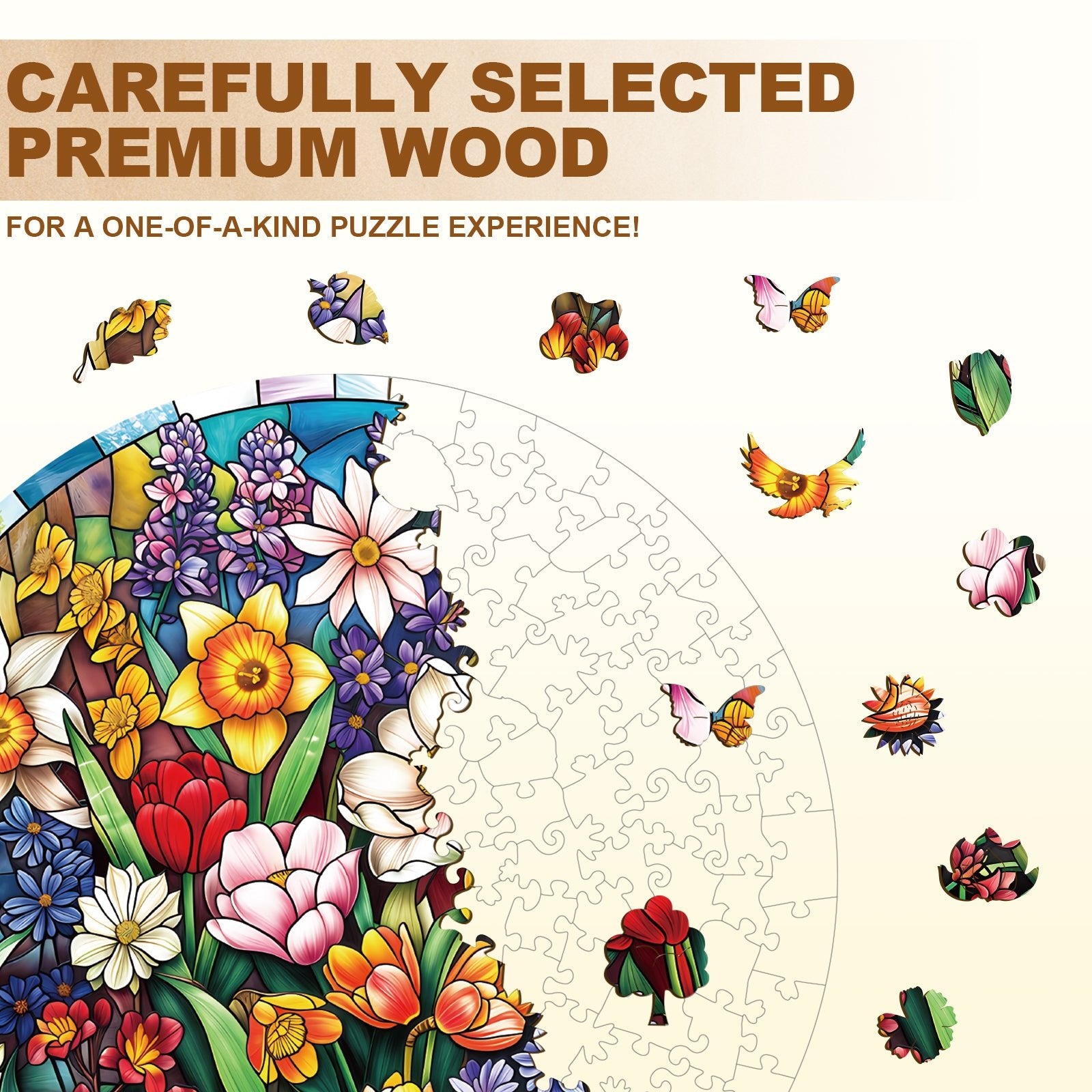 Whimsical Wooden Jigsaw Puzzle - Stained Glass Flowers - pickApuzzle