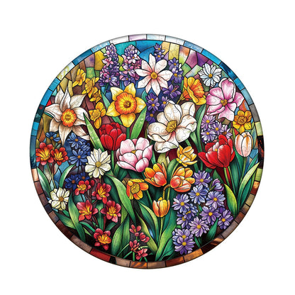 Whimsical Wooden Jigsaw Puzzle - Stained Glass Flowers - pickApuzzle
