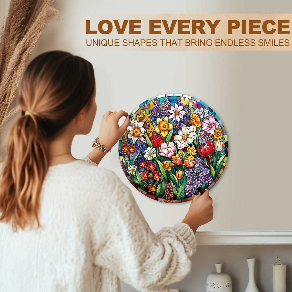 Whimsical Wooden Jigsaw Puzzle - Stained Glass Flowers - pickApuzzle