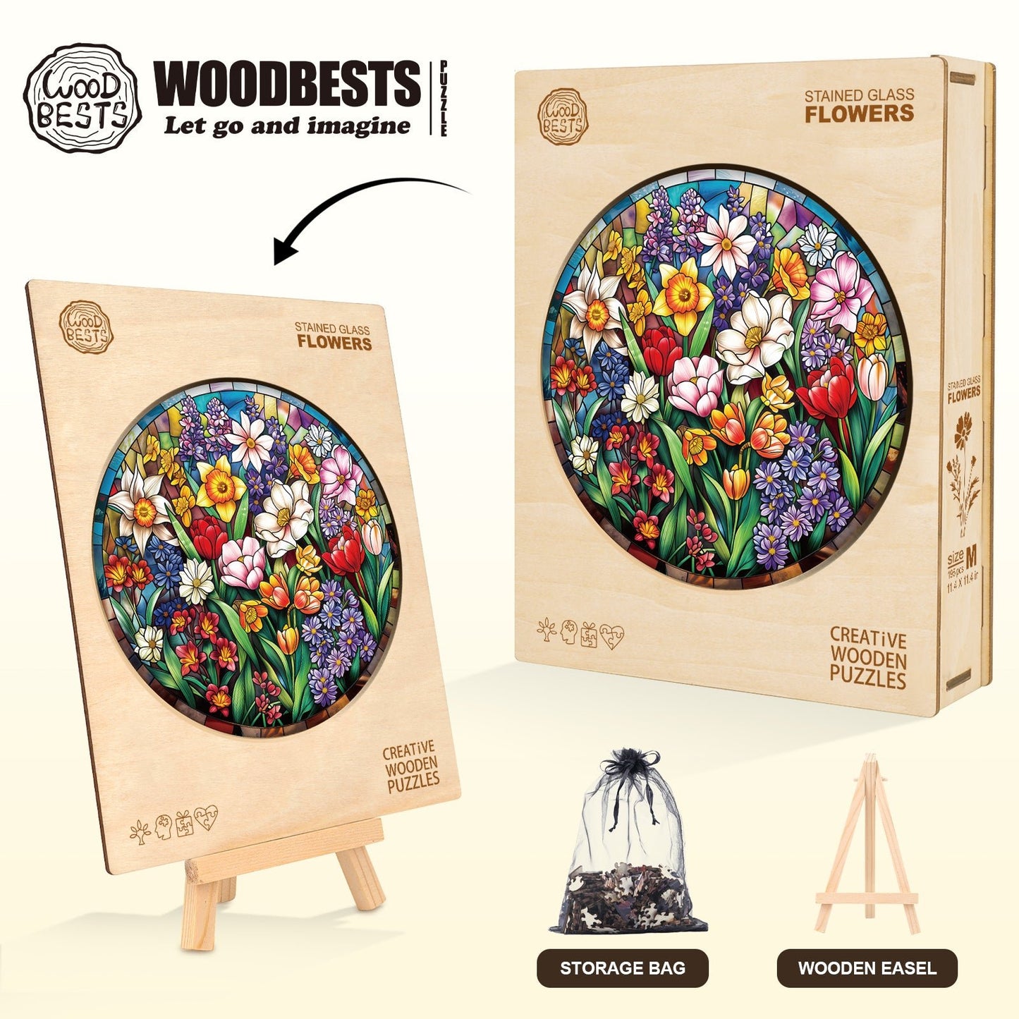 Whimsical Wooden Jigsaw Puzzle - Stained Glass Flowers - pickApuzzle
