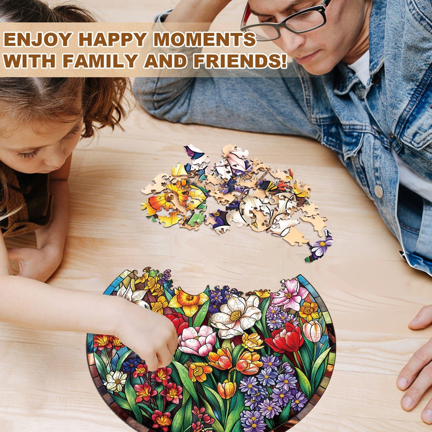 Whimsical Wooden Jigsaw Puzzle - Stained Glass Flowers - pickApuzzle