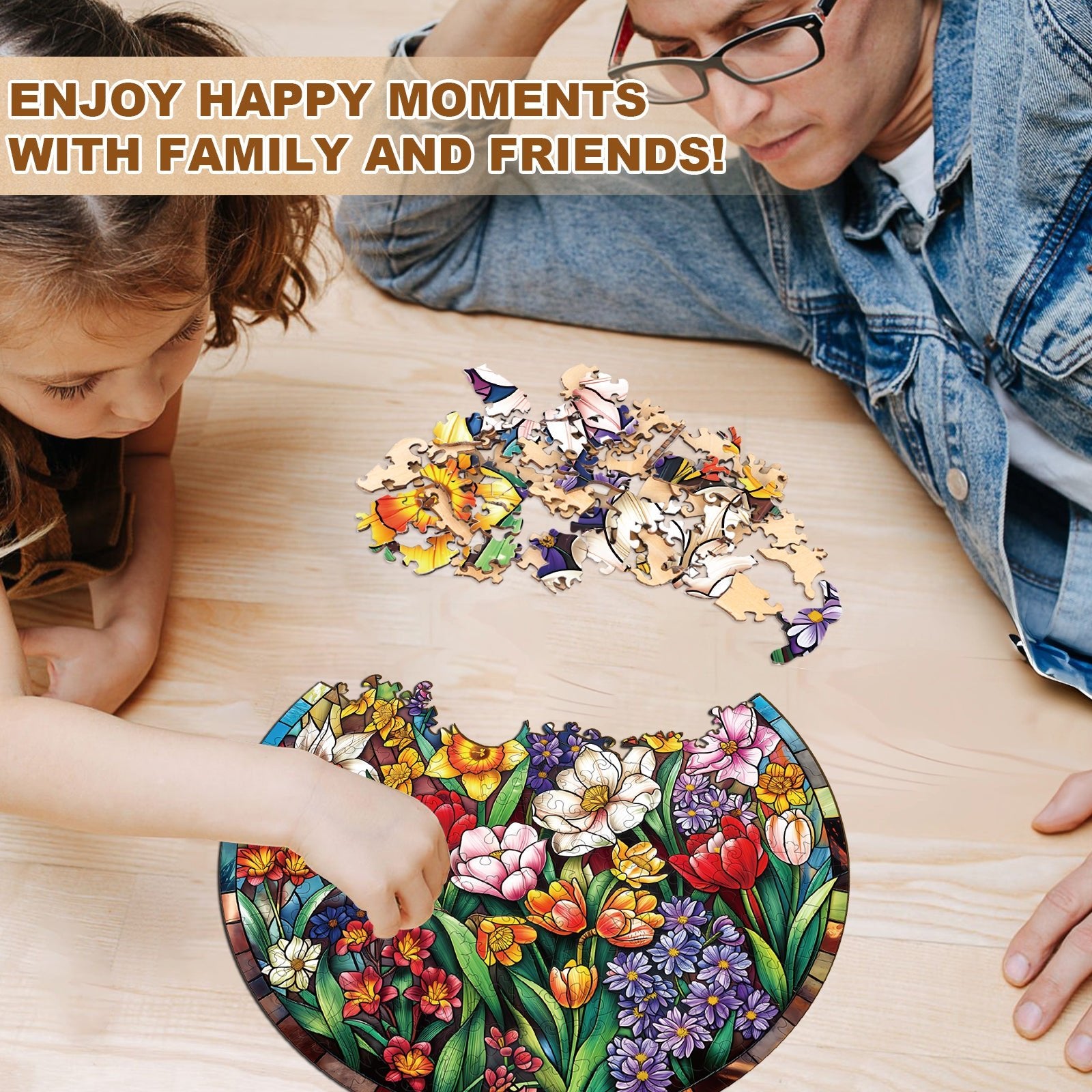 Whimsical Wooden Jigsaw Puzzle - Stained Glass Flowers - pickApuzzle
