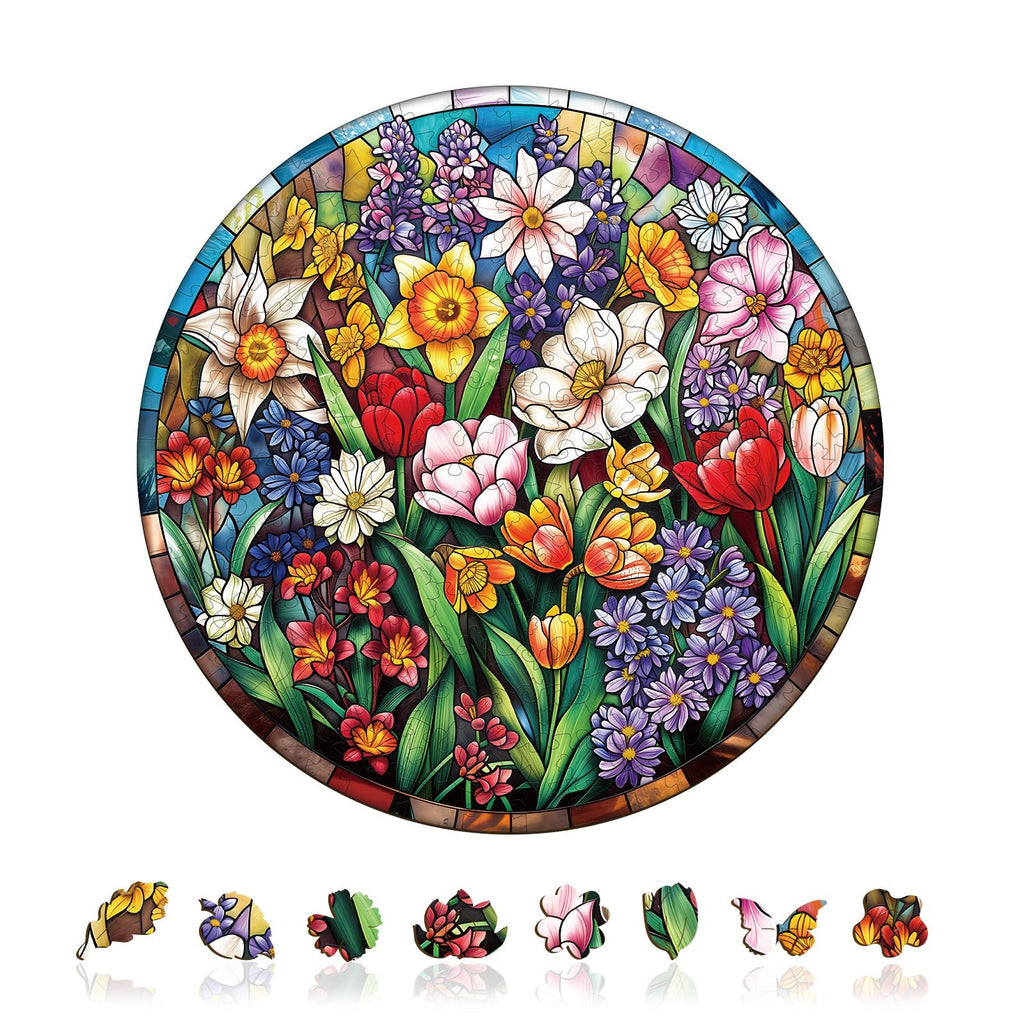 Whimsical Wooden Jigsaw Puzzle - Stained Glass Flowers - pickApuzzle