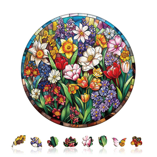 Engaging Wooden Jigsaw Puzzle - Stained Glass Flowers - pickApuzzle