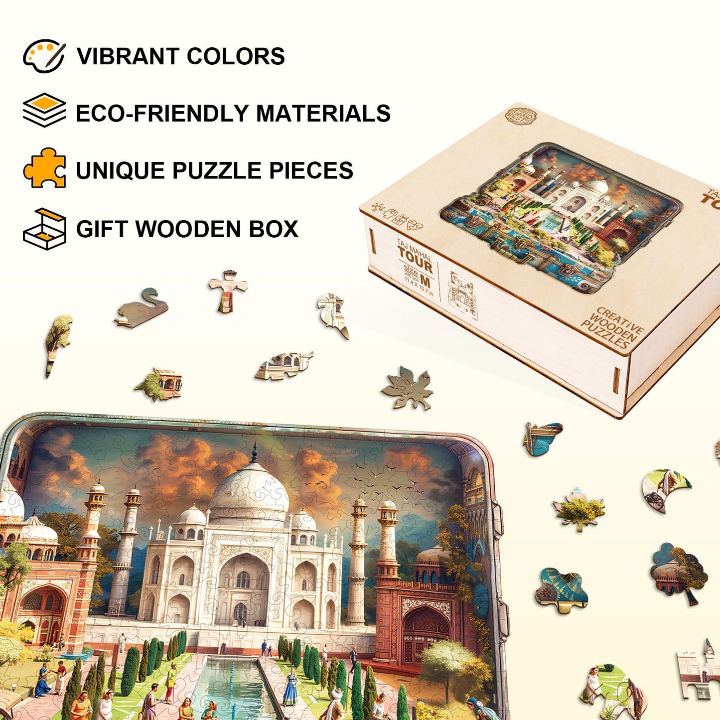 Whimsical Wooden Jigsaw Puzzle - Taj Mahal Tour - pickApuzzle