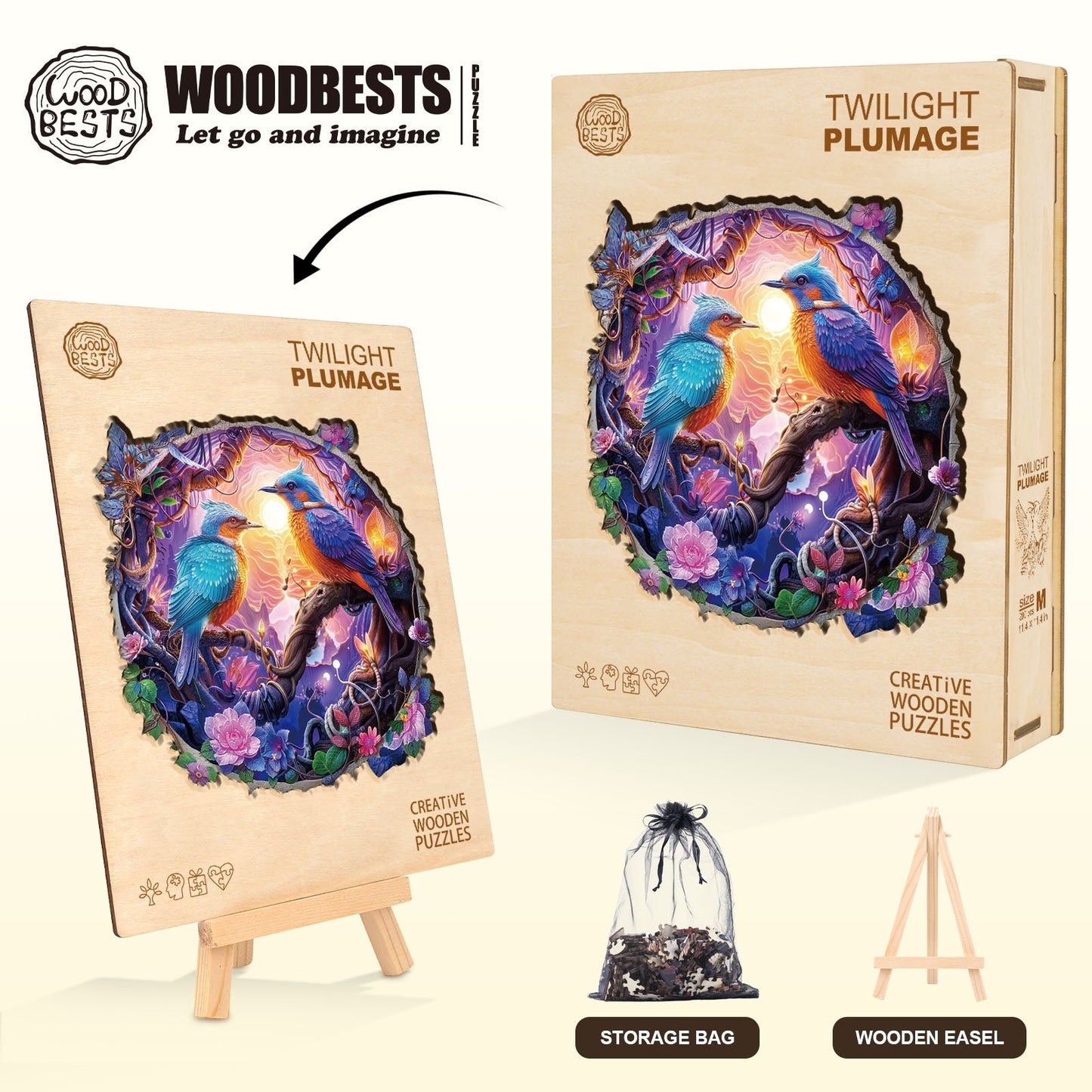 Whimsical Wooden Jigsaw Puzzle - Twilight Plumage - pickApuzzle
