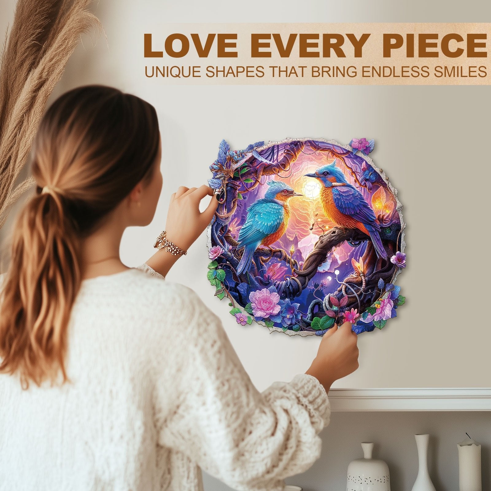 Whimsical Wooden Jigsaw Puzzle - Twilight Plumage - pickApuzzle