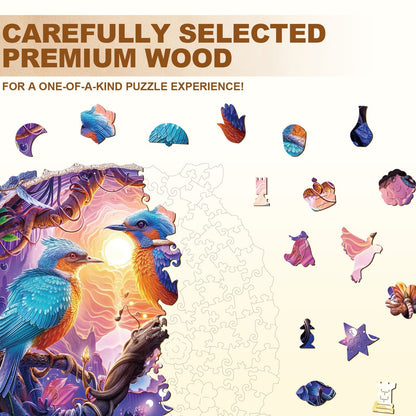 Whimsical Wooden Jigsaw Puzzle - Twilight Plumage - pickApuzzle