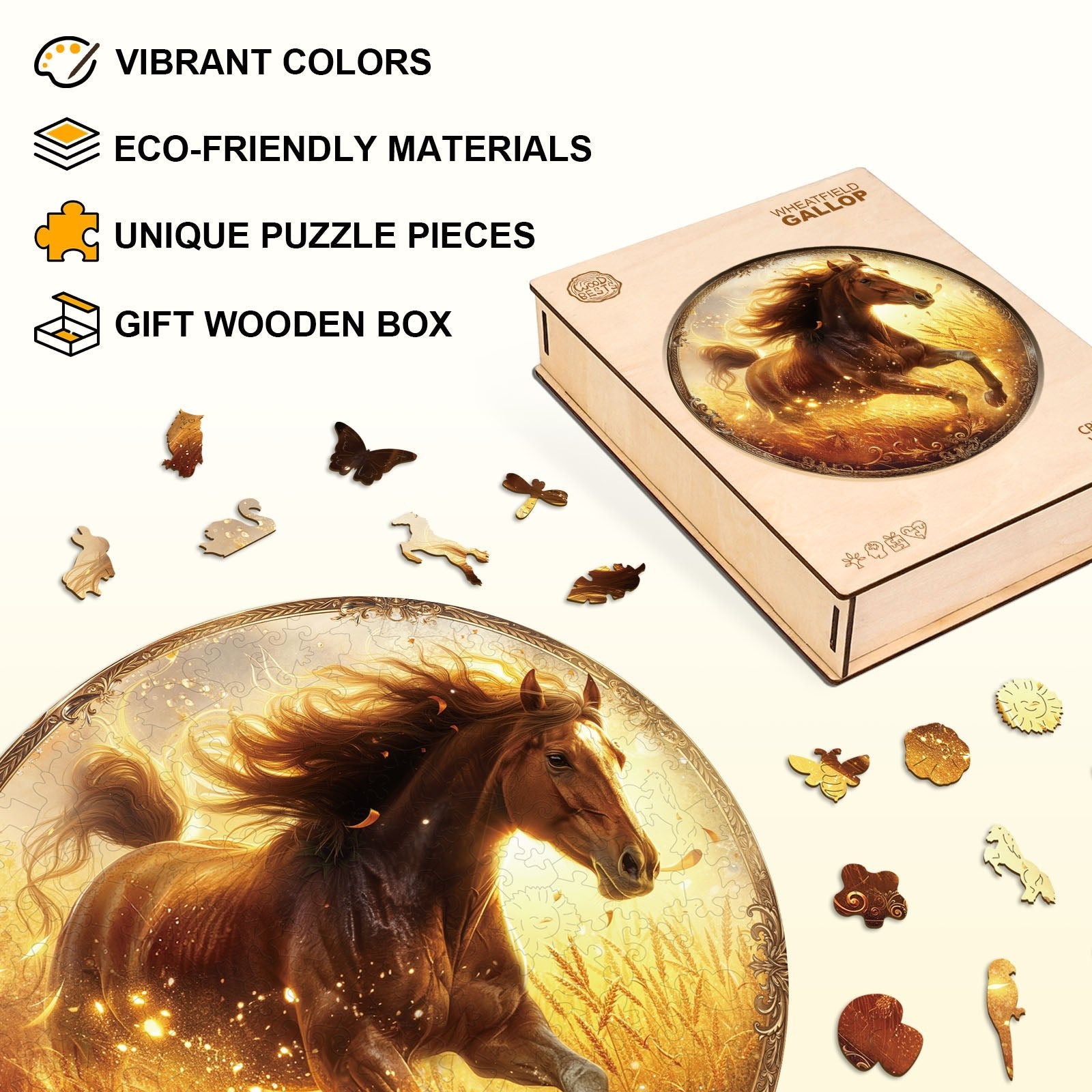 Whimsical Wooden Jigsaw Puzzle - Wheatfield Gallop - pickApuzzle