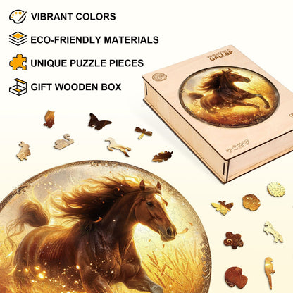 Whimsical Wooden Jigsaw Puzzle - Wheatfield Gallop - pickApuzzle