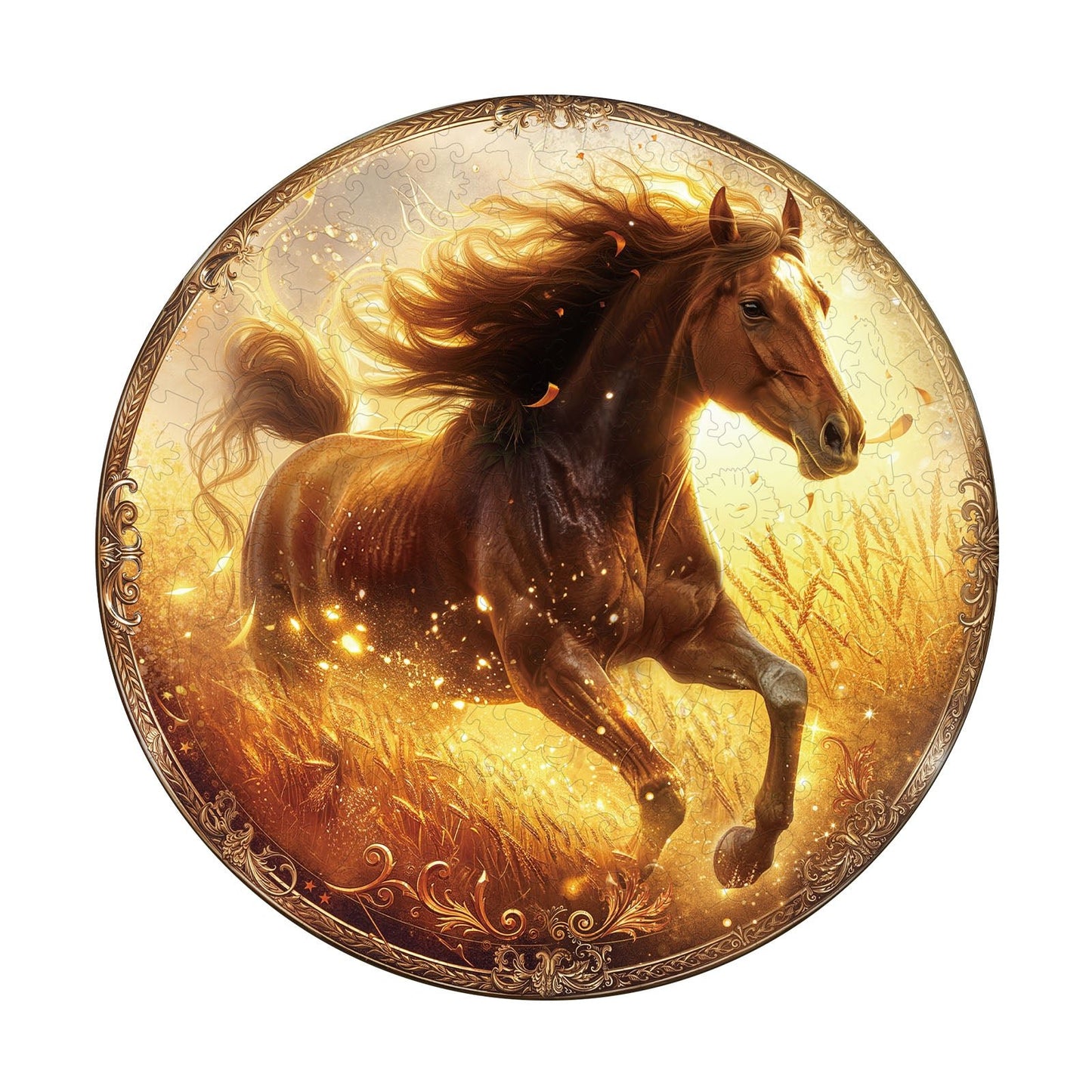 Whimsical Wooden Jigsaw Puzzle - Wheatfield Gallop - pickApuzzle