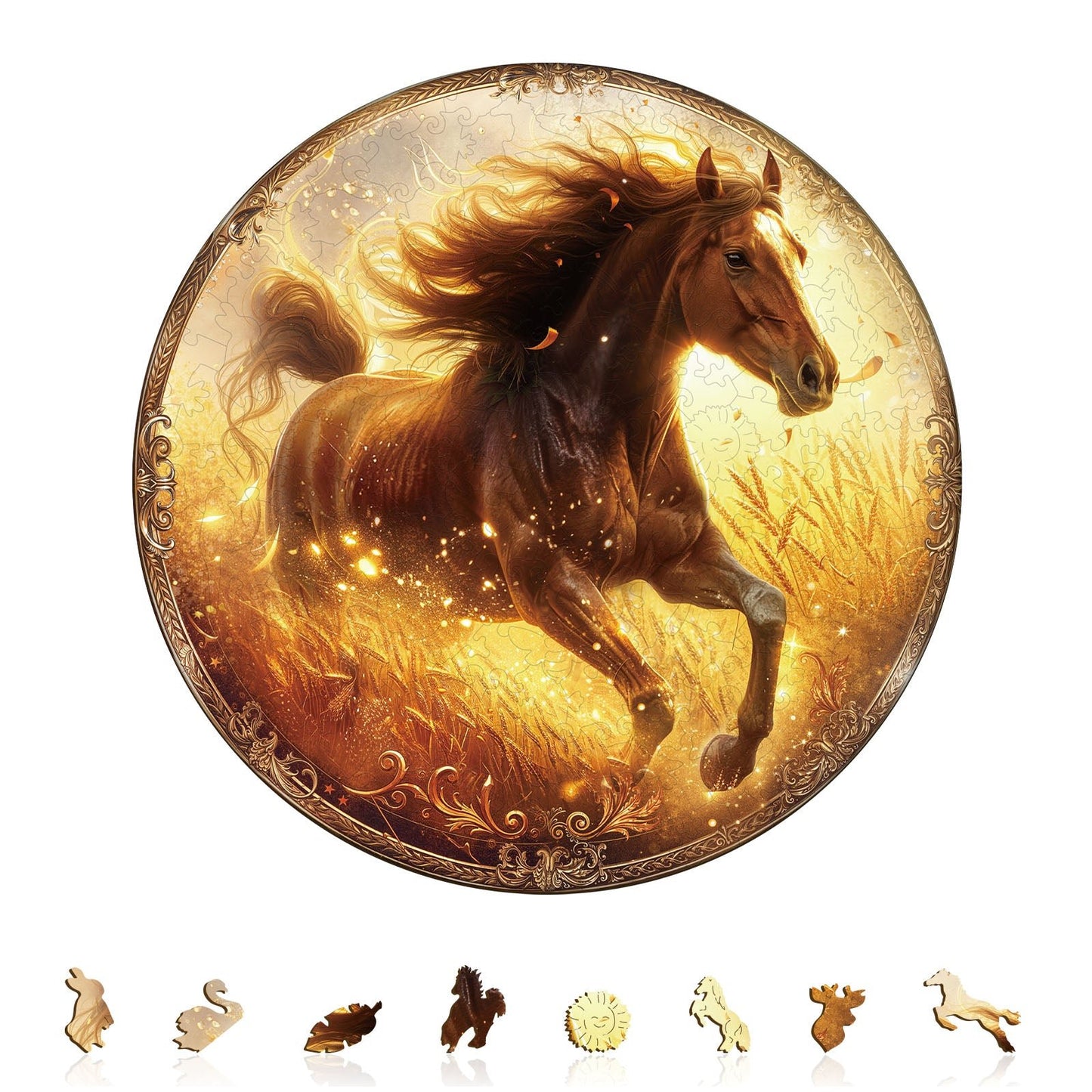 Whimsical Wooden Jigsaw Puzzle - Wheatfield Gallop - pickApuzzle