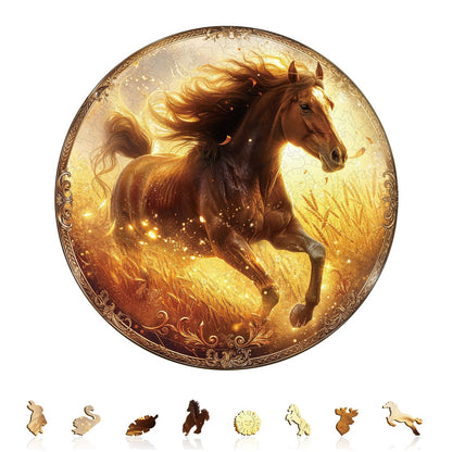 Whimsical Wooden Jigsaw Puzzle - Wheatfield Gallop - pickApuzzle