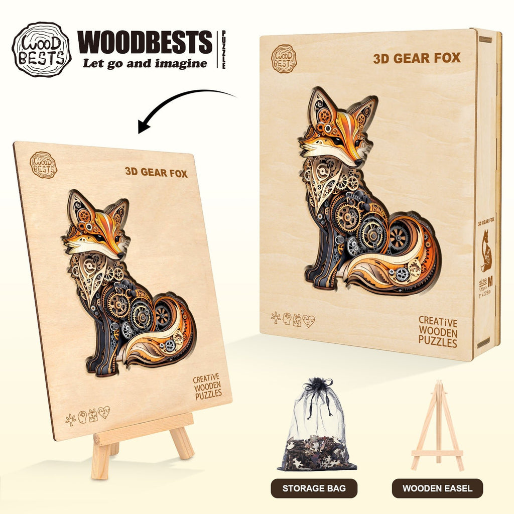 Whimsical Wooden Jigsaw Puzzle - 3D Gear fox - pickApuzzle