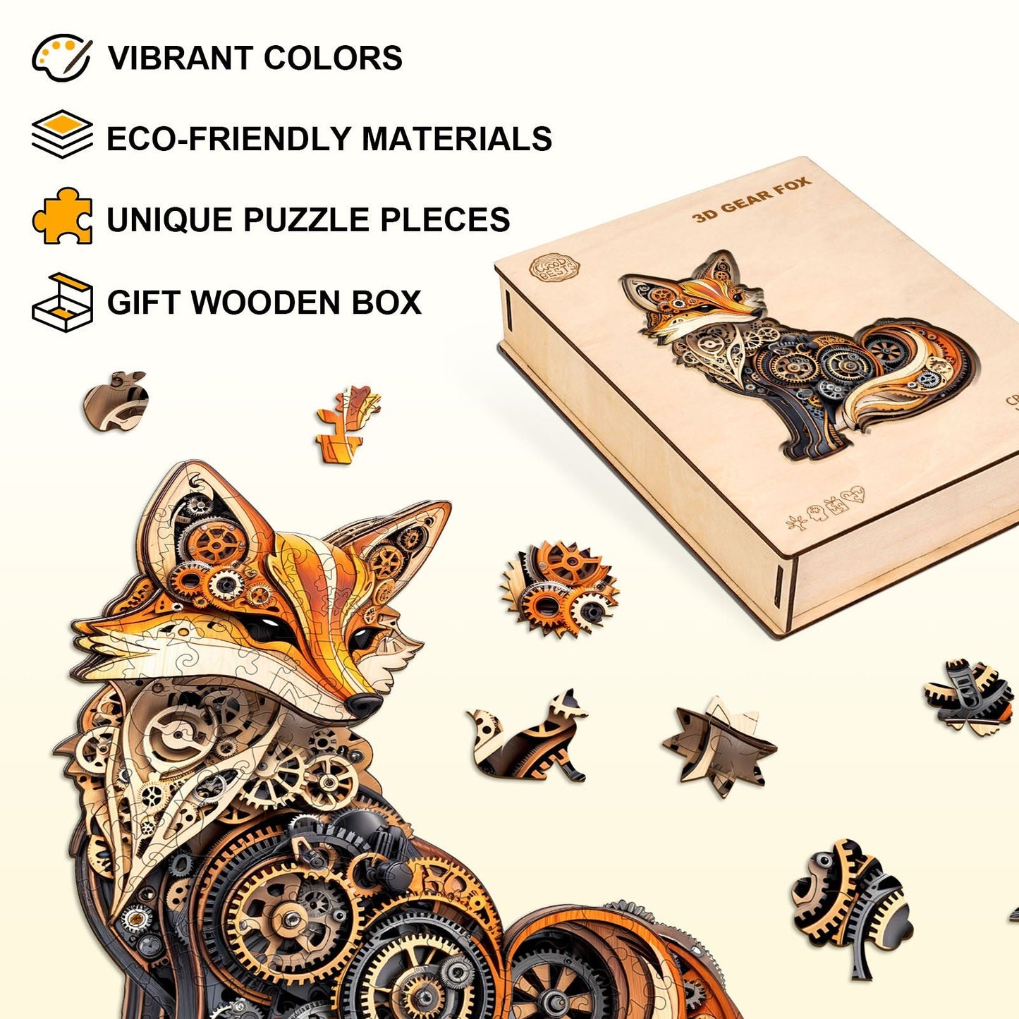 Whimsical Wooden Jigsaw Puzzle - 3D Gear fox - pickApuzzle