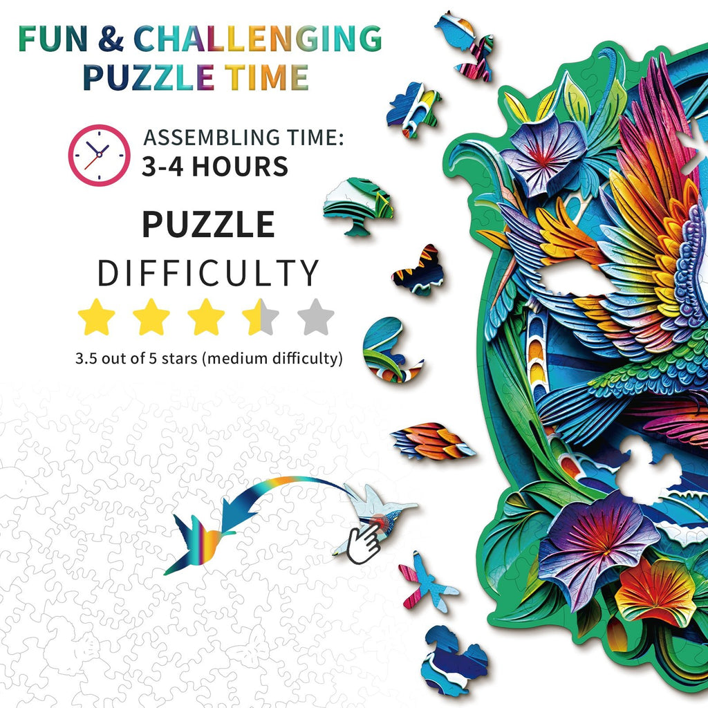 Whimsical Wooden Jigsaw Puzzle - Beautiful hummingbird - pickApuzzle