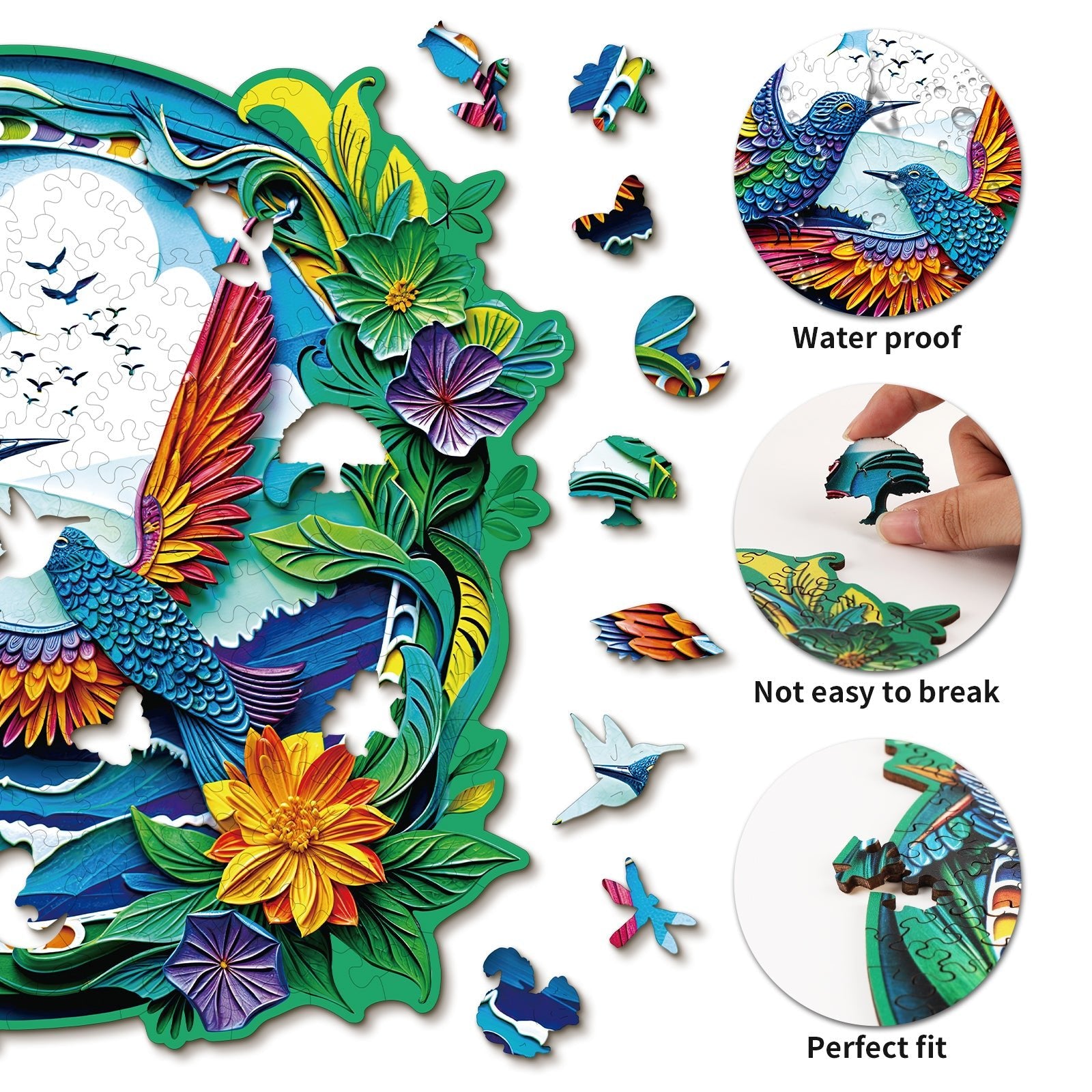 Whimsical Wooden Jigsaw Puzzle - Beautiful hummingbird - pickApuzzle