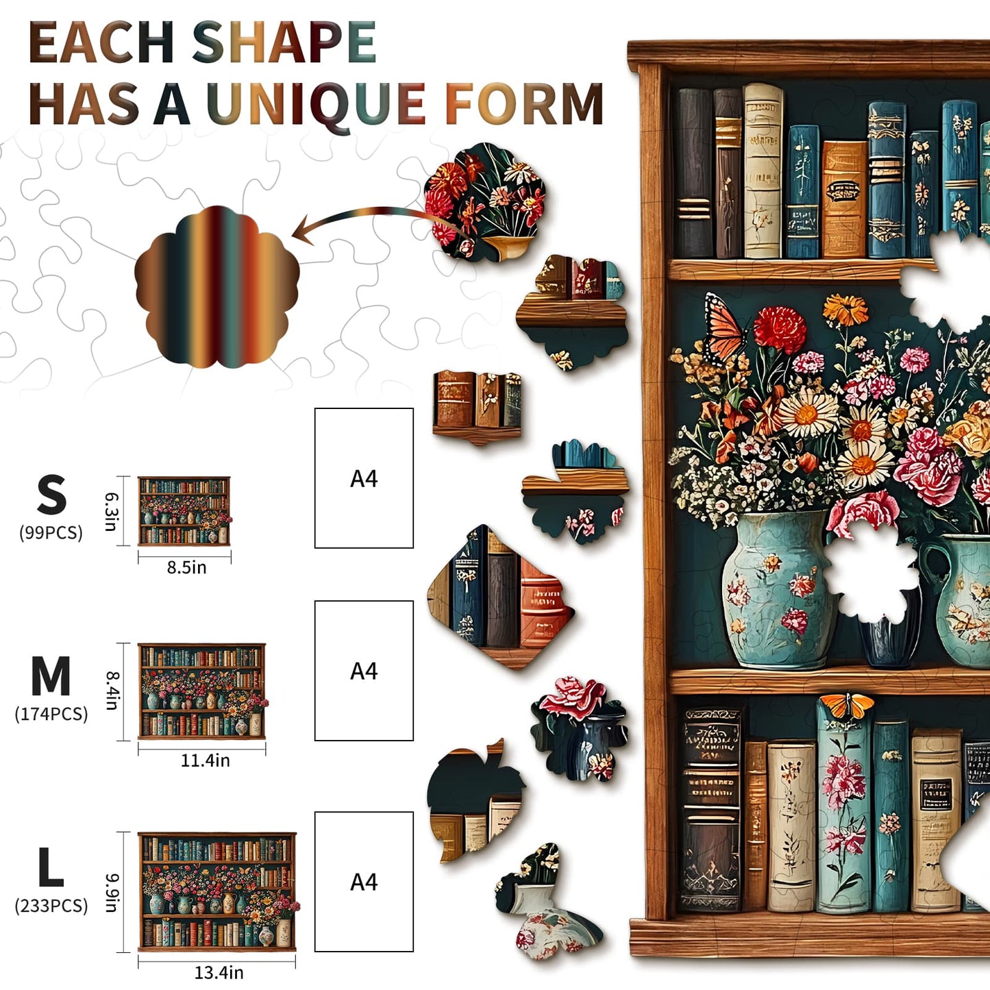 Skurriles hölzernes Puzzle-Bücherregal-Blume