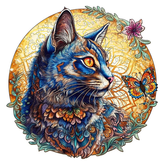 Whimsical Wooden Jigsaw Puzzle-Cat and Butterfly