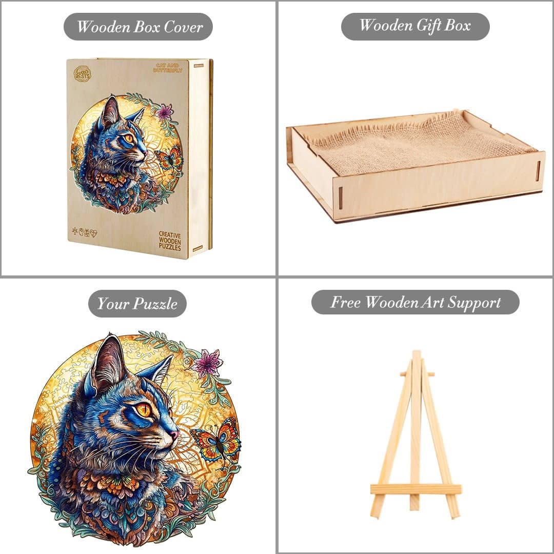 Whimsical Wooden Jigsaw Puzzle-Cat and Butterfly