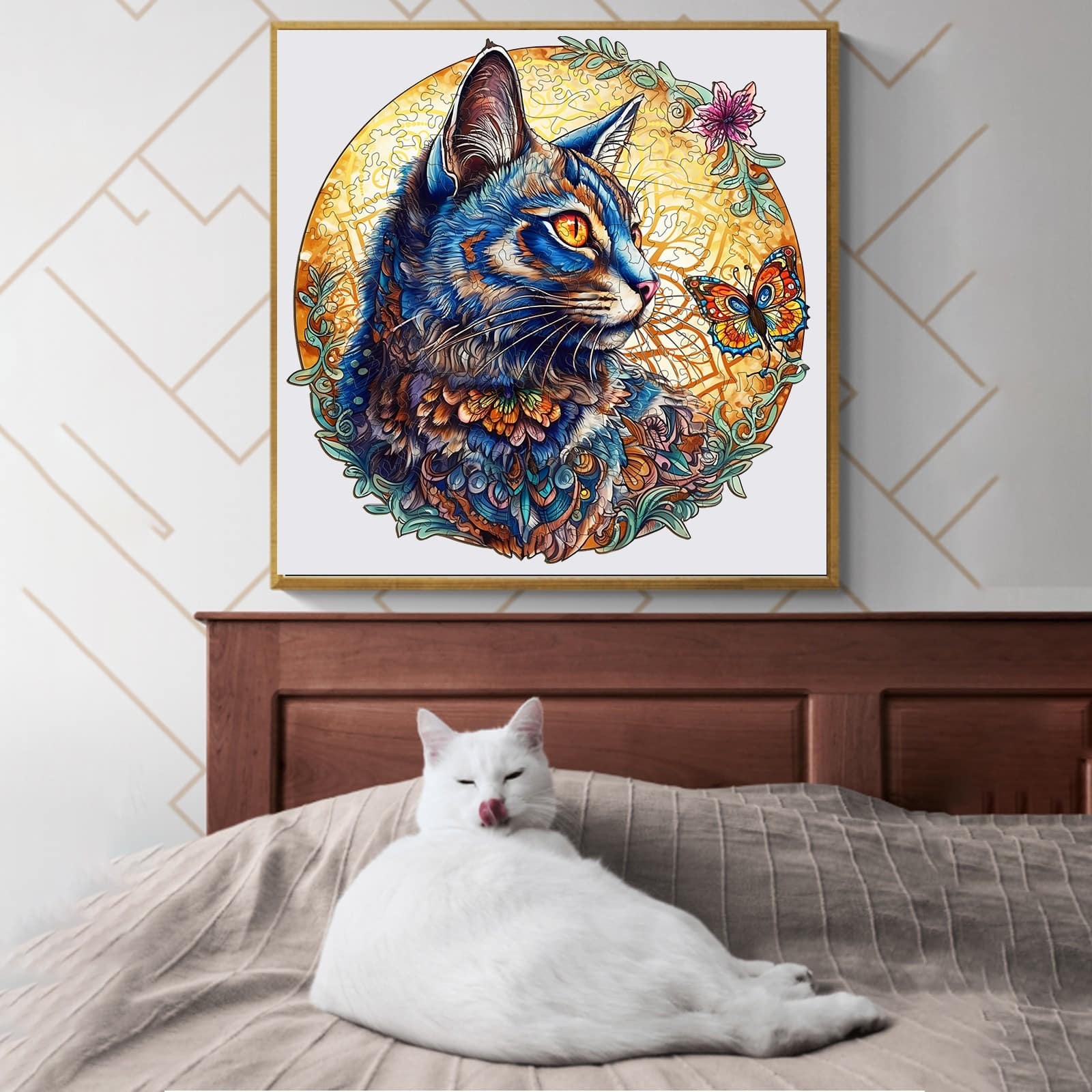 Whimsical Wooden Jigsaw Puzzle-Cat and Butterfly