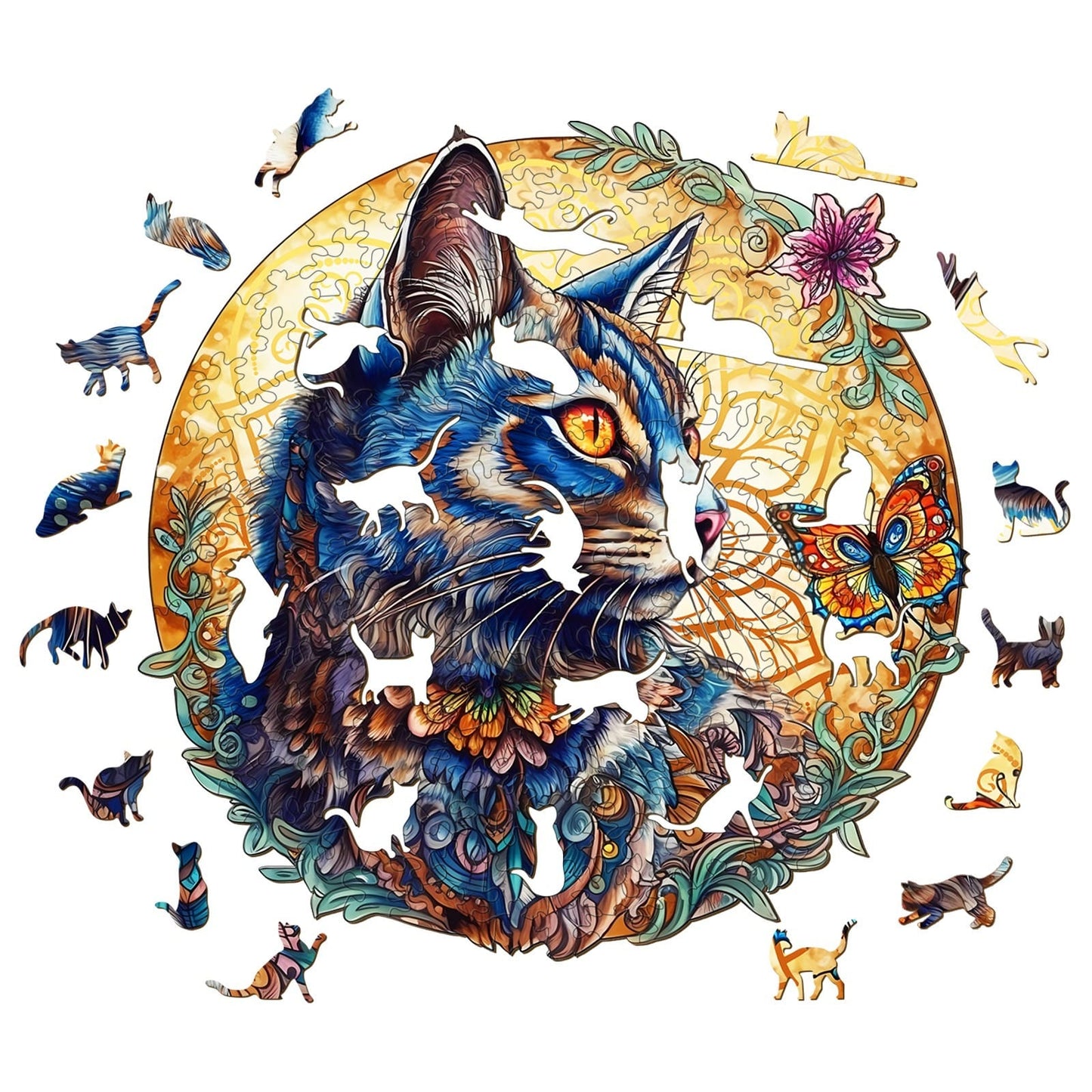 Whimsical Wooden Jigsaw Puzzle-Cat and Butterfly