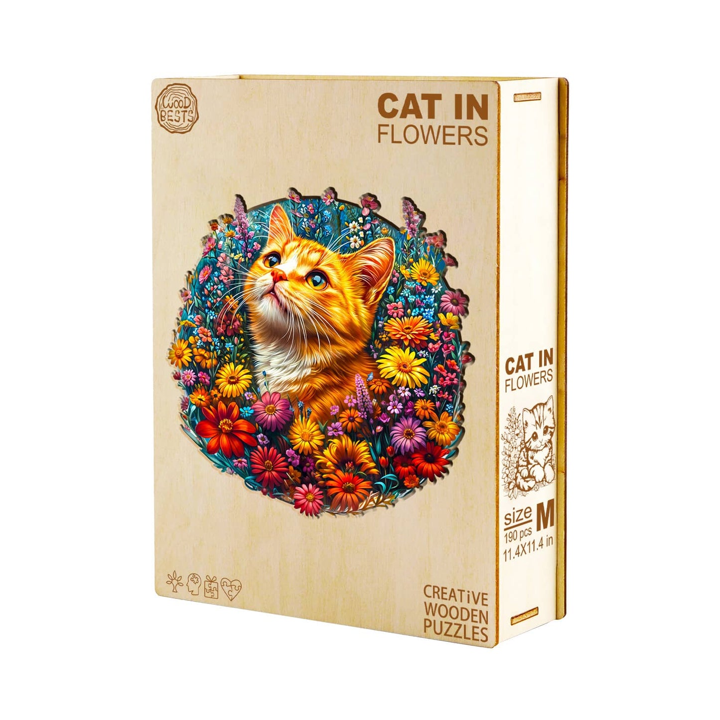 Whimsical Wooden Jigsaw Puzzle - Cat in Flowers - pickApuzzle