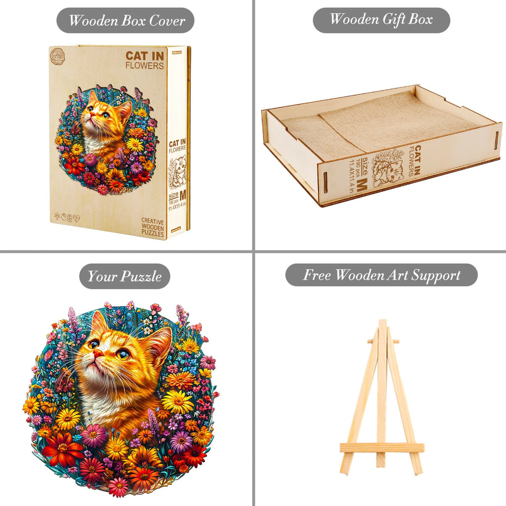 Whimsical Wooden Jigsaw Puzzle - Cat in Flowers - pickApuzzle