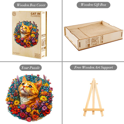 Whimsical Wooden Jigsaw Puzzle - Cat in Flowers - pickApuzzle