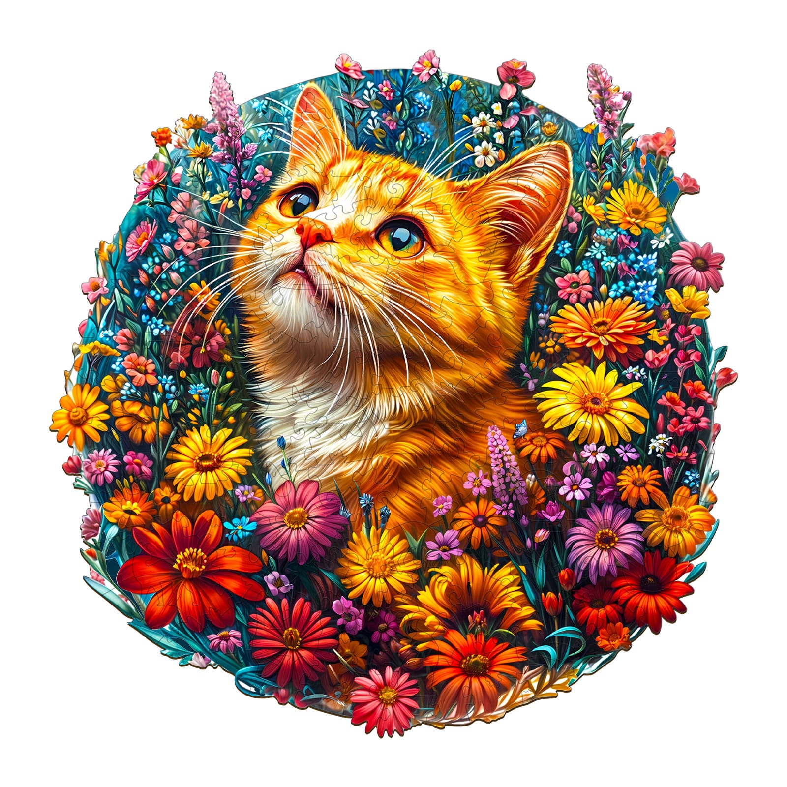 Whimsical Wooden Jigsaw Puzzle - Cat in Flowers - pickApuzzle